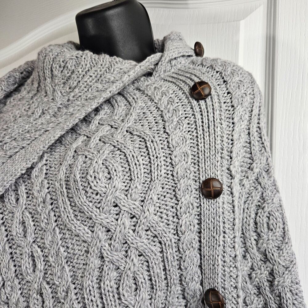 Aran Crafts Merino Wool Made in Ireland Shawl / Poncho Size M/L Cable Knit - Picture 2 of 6